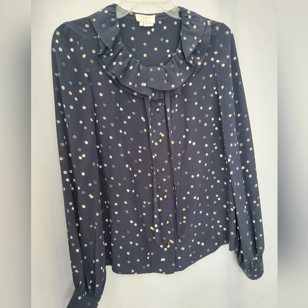 Kate Spade Lynette Navy Polka Dot Blouse with Ruffle Neck